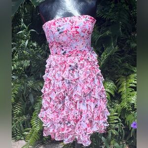 White House Black Market Pink Floral Strapless Ruffle Dress